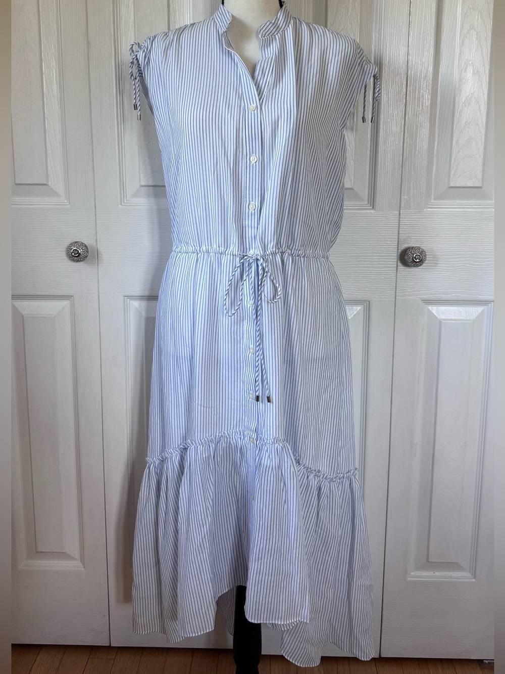 Ralph Lauren Light Blue and White Striped Drawstring Midi Dress